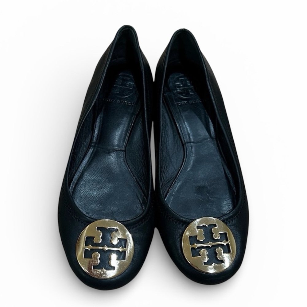 Tory Burch Reva Black Leather Ballet Flats Gold Logo Medalion - Size 6